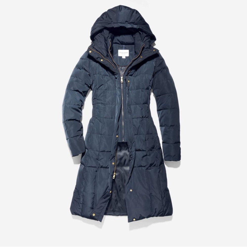 Cole Haan Women's 40" Signature Hooded Taffeta Down Coat Sz S Elastic Waist Navy